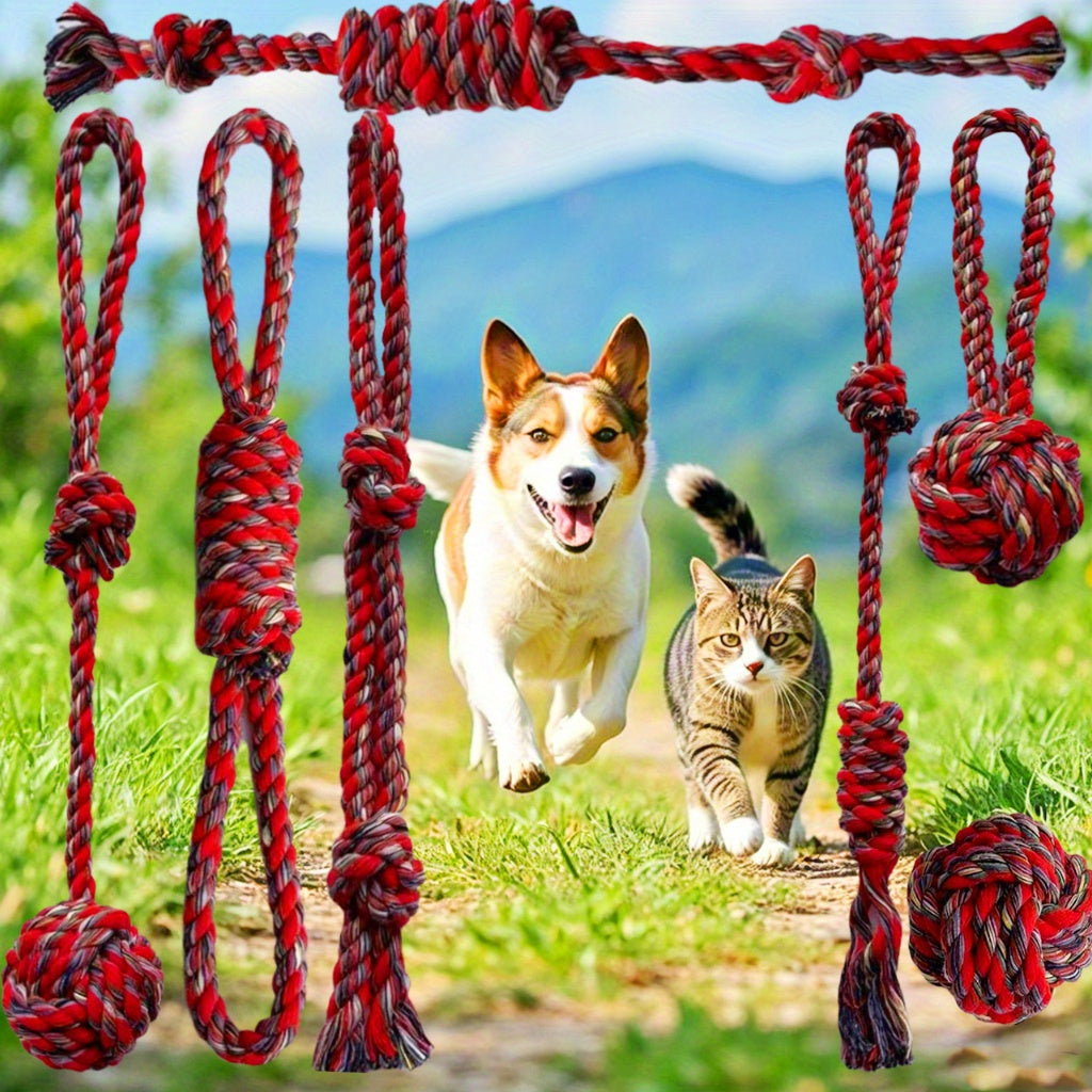 Ensemble de 9 jouets à mâcher résistants pour chiens avec nœuds tressés, cordes extra longues, idéal pour entrainer les chiens qui mâchent agressivement, interactif, rouge & noir
