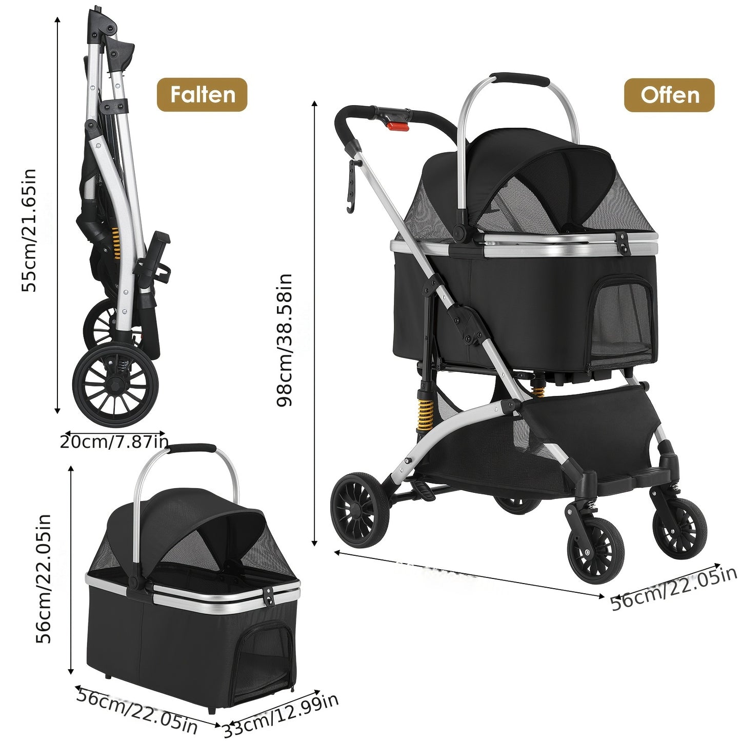 Poussette pour chien et chat, conception pliable, poussette 3 en 1 avec panier couvert, fenêtre en filet, porte-gobelet et roues en caoutchouc durables à 360°, idéale pour les longues promenades en extérieur, diverses couleurs