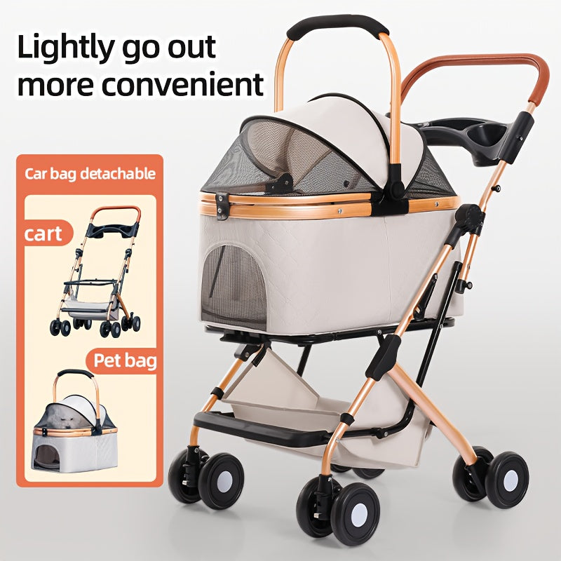 Poussette pour chien et chat 2 en 1, multifonctionnelle avec 4 doubles roues, tout terrain, panier amovible, pliable et compacte, en maille respirante, diverses couleurs
