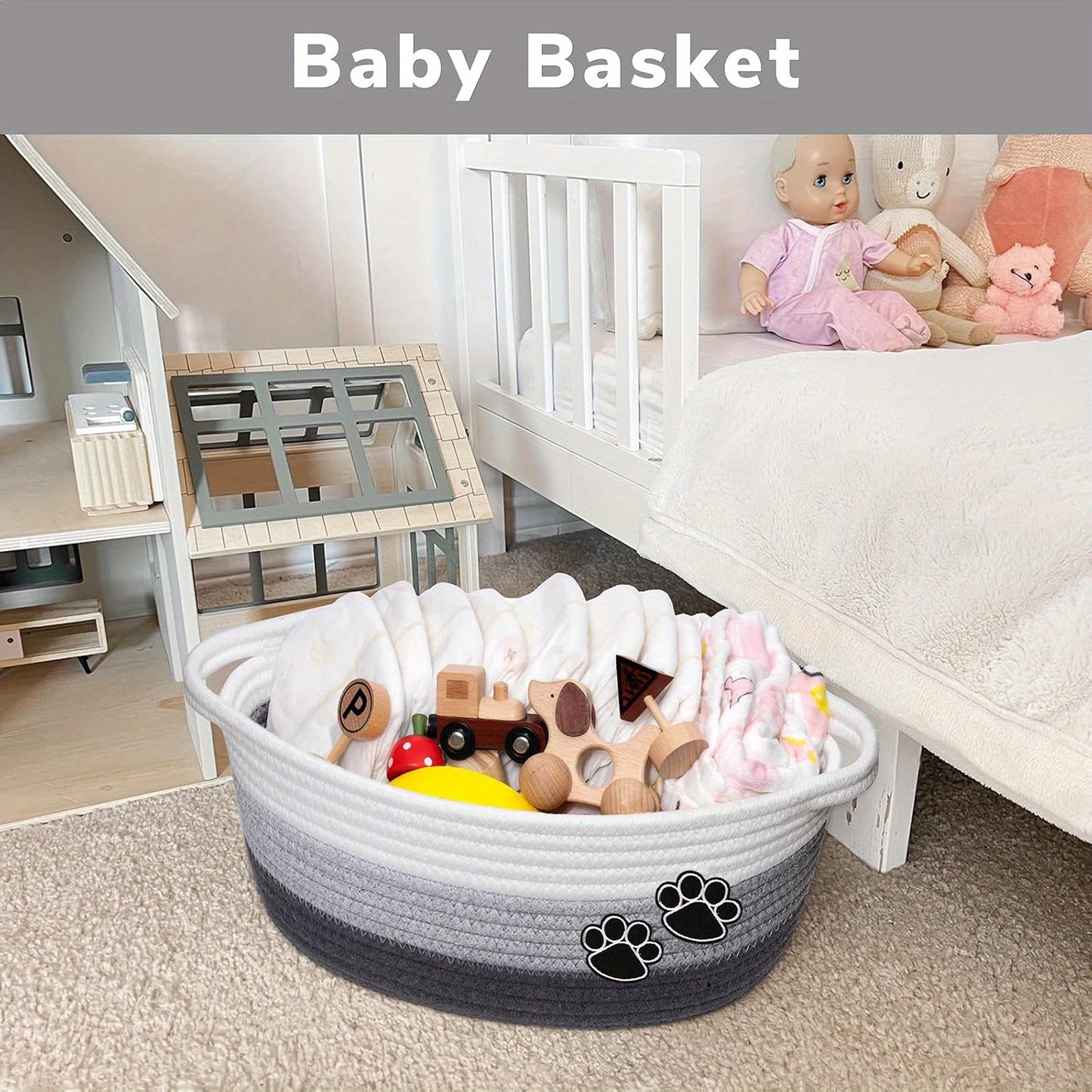 Panier à jouets pour chien, tricolore avec motif de pattes, diverses couleurs