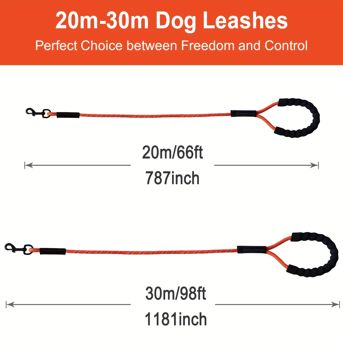 Laisse extra longue pour chien de 20m et 30m, bandes réfléchissantes et poignée rembourrée douce, disponible en orange et noir - Idéale pour l'entraînement, les jeux, le camping, les balades, etc