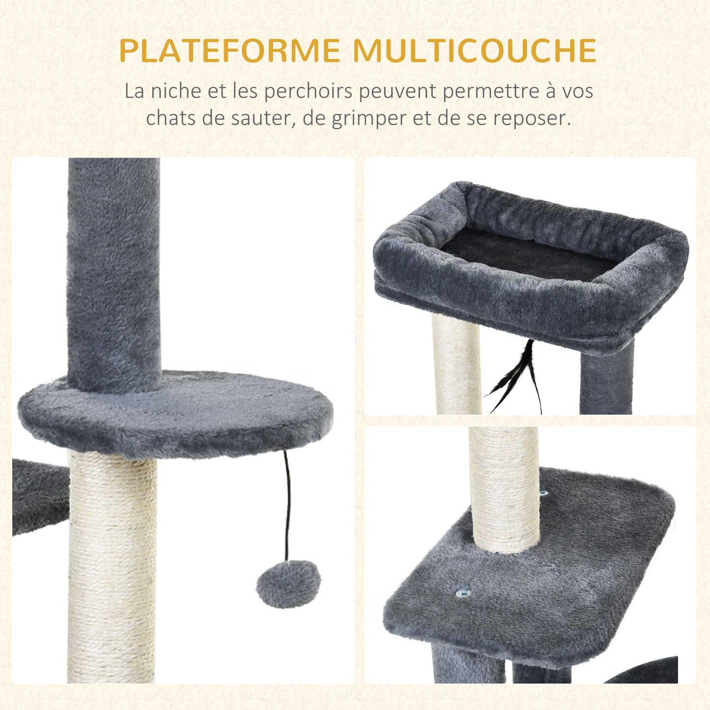 Arbre à chat avec poteaux à griffer, plateforme de nidification et peluche, 2 jouets suspendus et 1 cachette fermée, gris