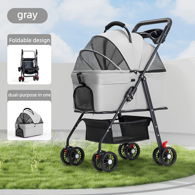 Poussette pour chien et chat 2 en 1, multifonctionnelle avec 4 doubles roues, tout terrain, panier amovible, pliable et compacte, en maille respirante, diverses couleurs