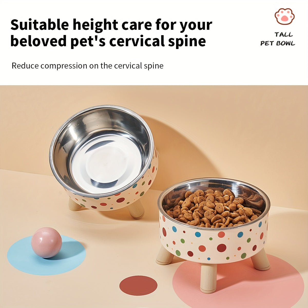 Gamelle surélevée pour chien et chat, grande capacité, antidérapante, conception ergonomique pour un repas confortable en hauteur, beige à petits pois
