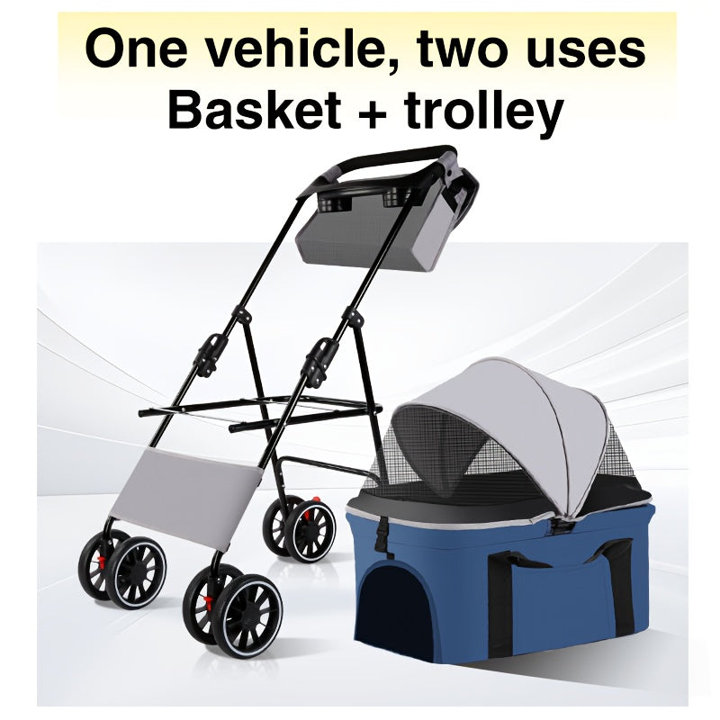 Poussette pour chien et chat 3 en 1, multifonctionnelle avec 4 doubles roues, tout terrain, panier amovible, pliable et compacte, en maille respirante, diverses couleurs