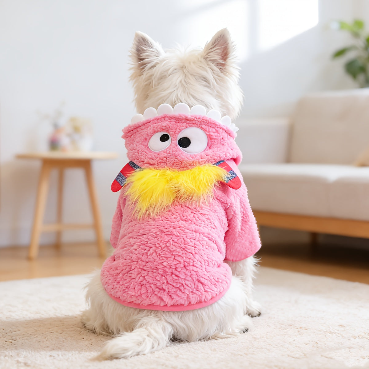 Costume mignon de petit monstre rose, tout doux et tout chaud, pour chien, facile a enfiler, fermeture à boutons-pression
