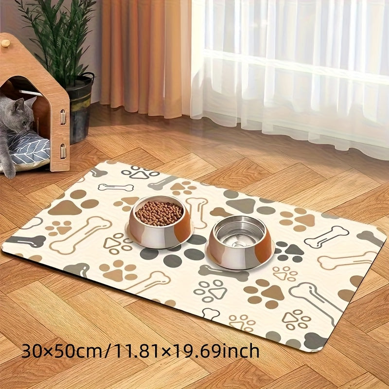 Tapis d'alimentation pour chien, mignon avec motif de pattes et d'os, beige
