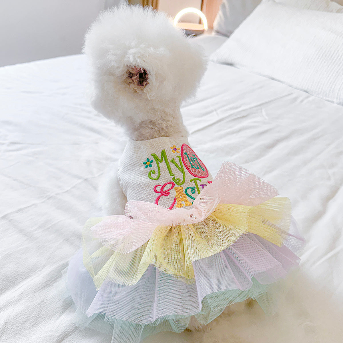 Robe en tulle multi couleurs, "Ma 1ère Pâques", pour chiot et petits chiens, facile à enfiler et légère à porter