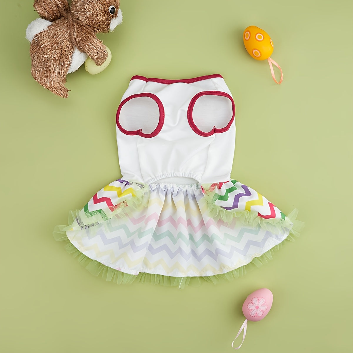 Robe à imprimé œuf de Pâques, petit nœud rouge et volant multi couleurs