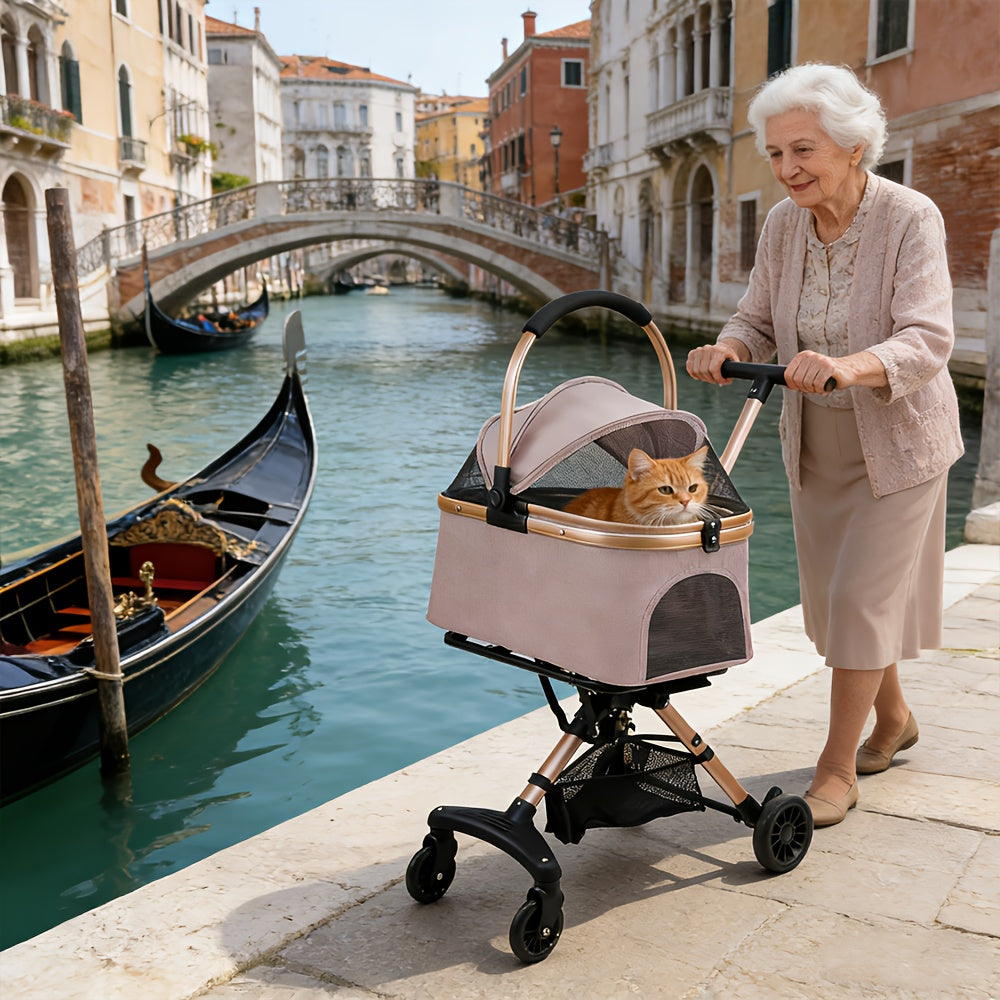 Poussette pliable et confortable, conception entièrement fermée et respirante. Elle est dotée d'un système de pliage à un seul bouton, de roues pivotantes à 360° et de roues directionnelles pour un double plaisir. Rose