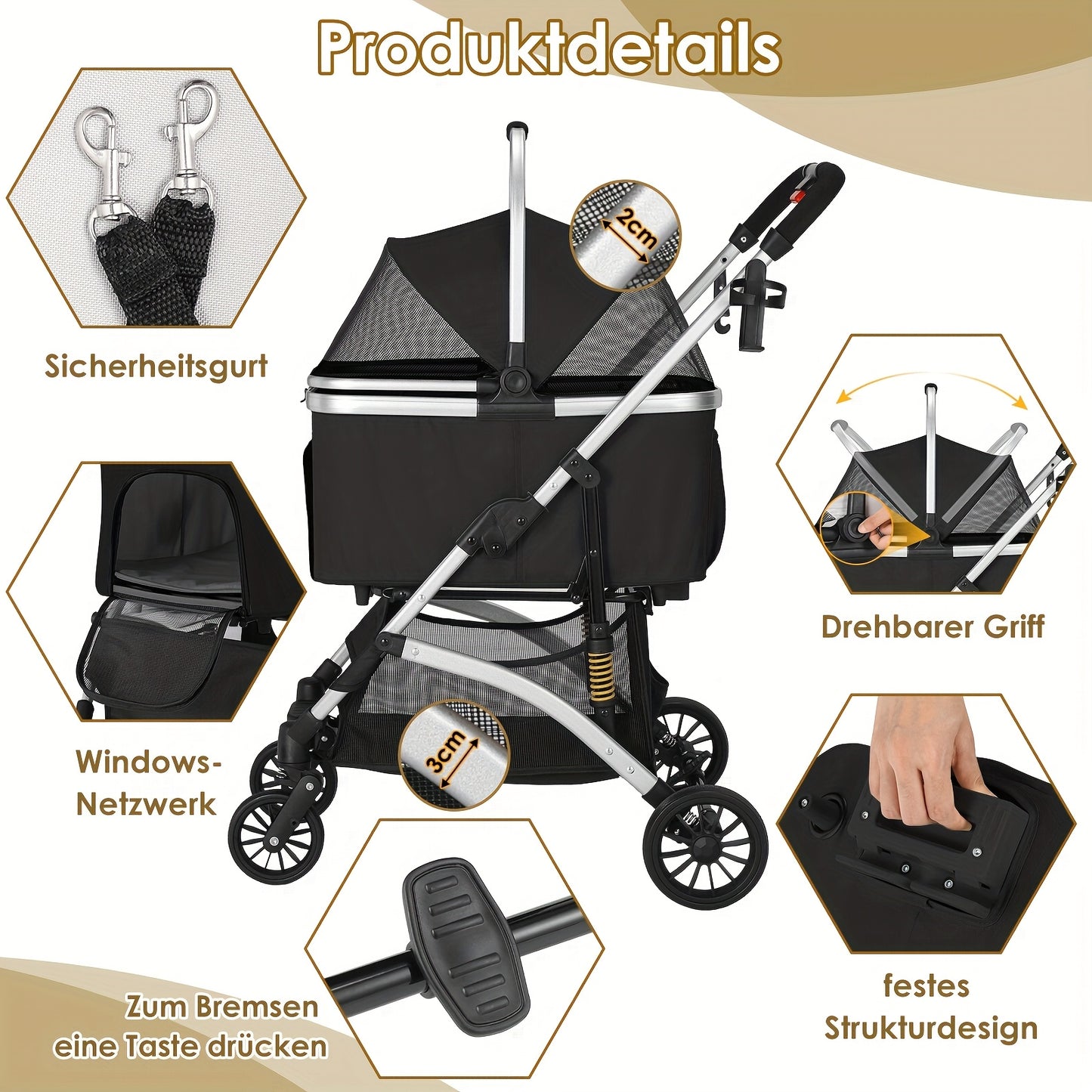 Poussette pour chien et chat, conception pliable, poussette 3 en 1 avec panier couvert, fenêtre en filet, porte-gobelet et roues en caoutchouc durables à 360°, idéale pour les longues promenades en extérieur, diverses couleurs