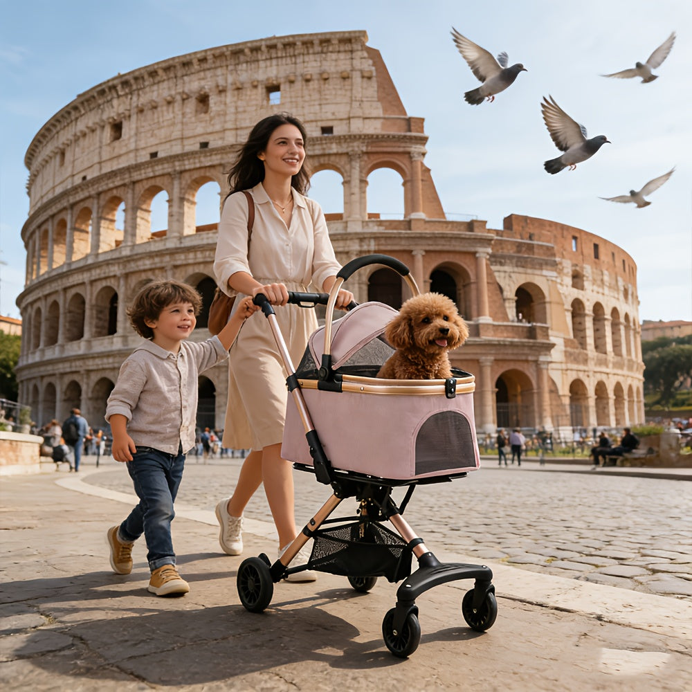 Poussette pliable et confortable, conception entièrement fermée et respirante. Elle est dotée d'un système de pliage à un seul bouton, de roues pivotantes à 360° et de roues directionnelles pour un double plaisir. Rose