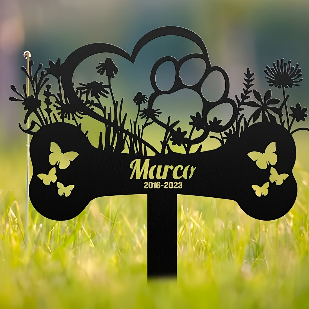 Piquet commémoratif personnalisé sur mesure en forme d'os pour chien avec papillons creux et fleurs, insert métallique à enfoncer dans le sol, nom et dates du chiens