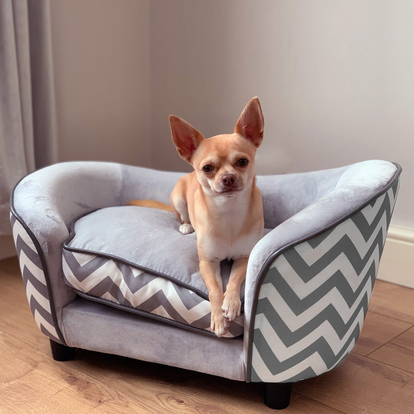 Canapé pour chien et chat, rembourré en mousse, armature en bois résistante, design moderne, gris et blanc