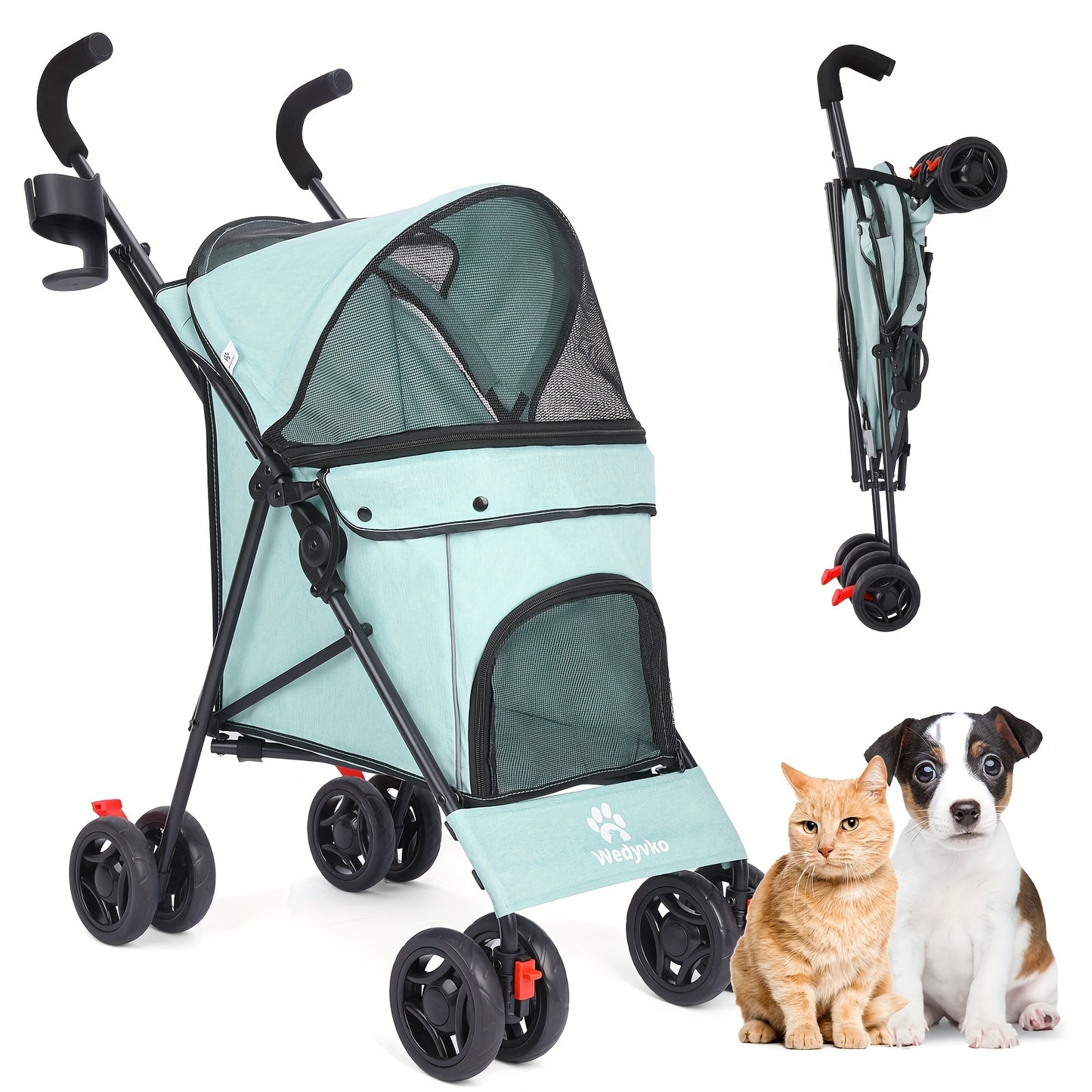 Poussette pour chien et chat 2 en 1, multifonctionnelle avec 4 doubles roues, tout terrain, panier amovible, pliable et compacte, en maille respirante, diverses couleurs