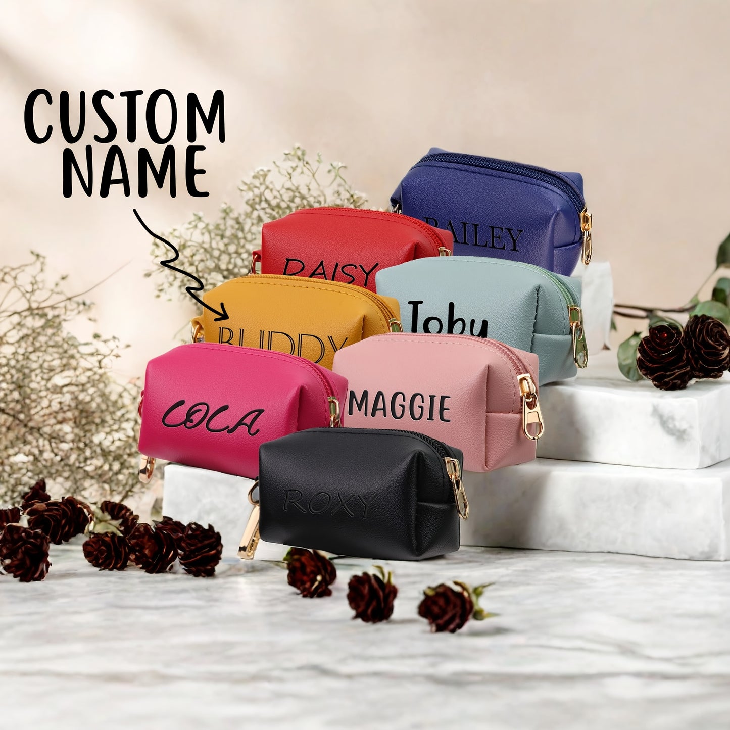 Porte-sac à crottes pour chien avec fermeture éclair, personnalisable, diverses couleurs