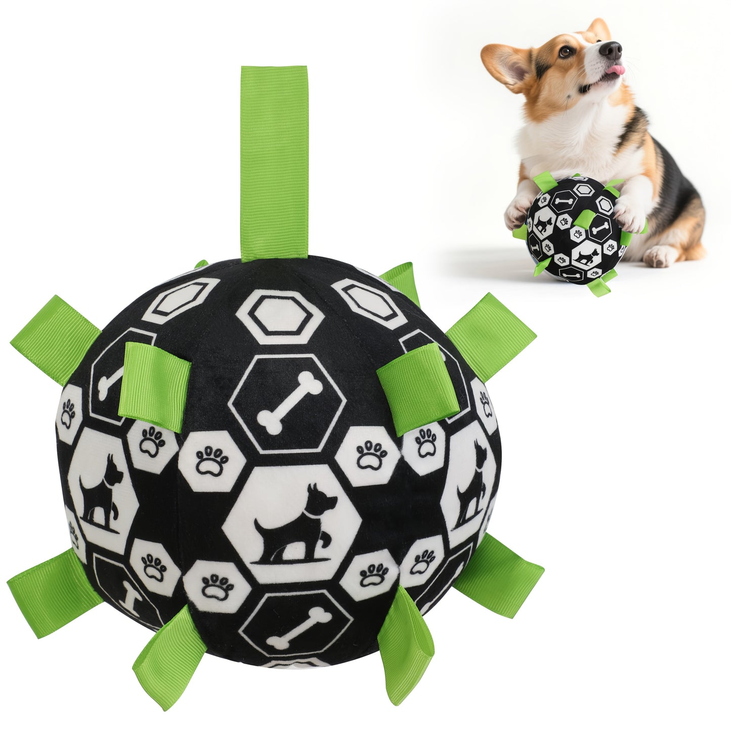 Jouet d'extérieur pour chien, en forme de ballon avec des petites cordes tout autour, musical lorsqu'on le secoue, sans pile