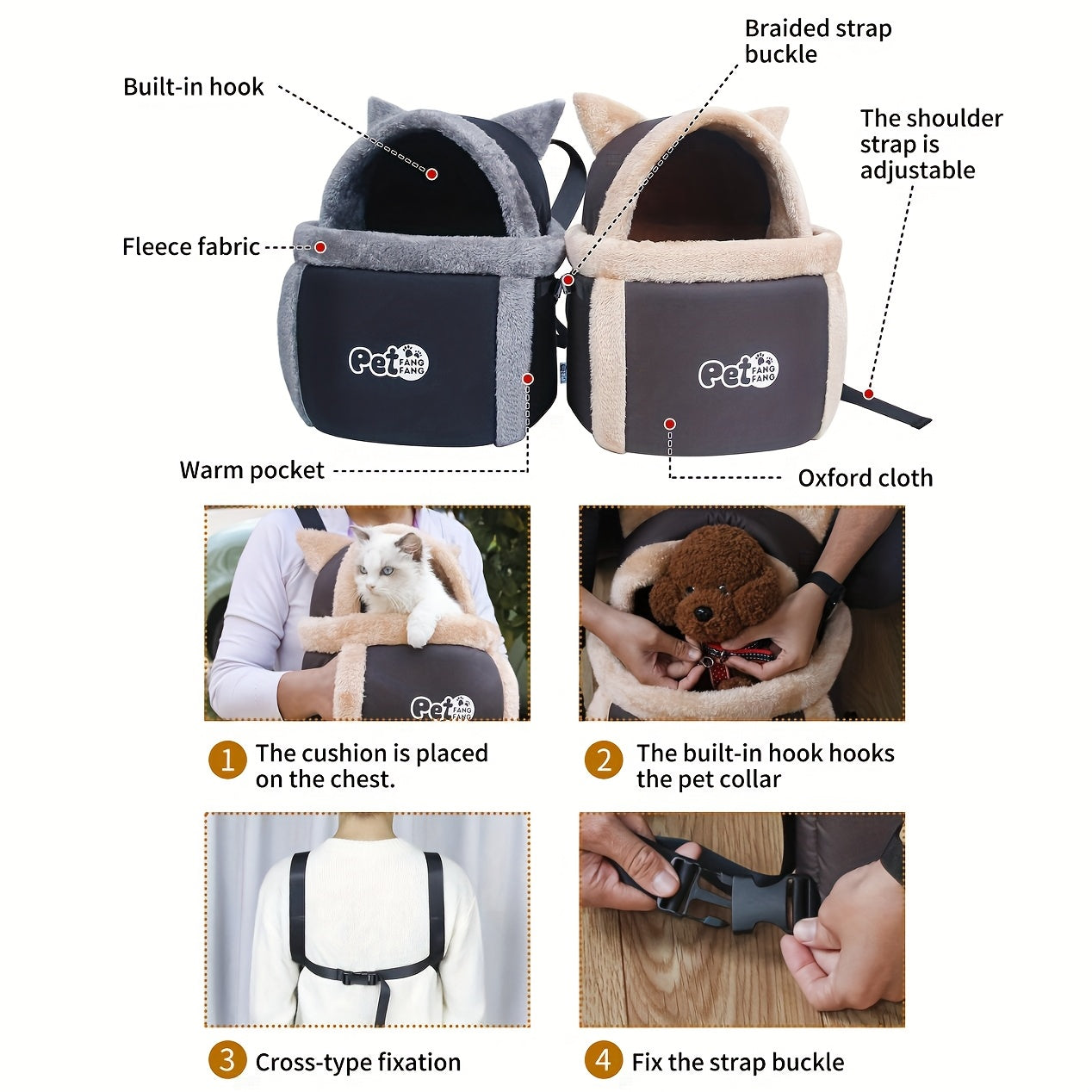 Sac de transport pour chat et petit chien, grande capacité pour rester au chaud en hiver, avec un harnais de sécurité, doux et respirant, design mignon, diverses couleurs