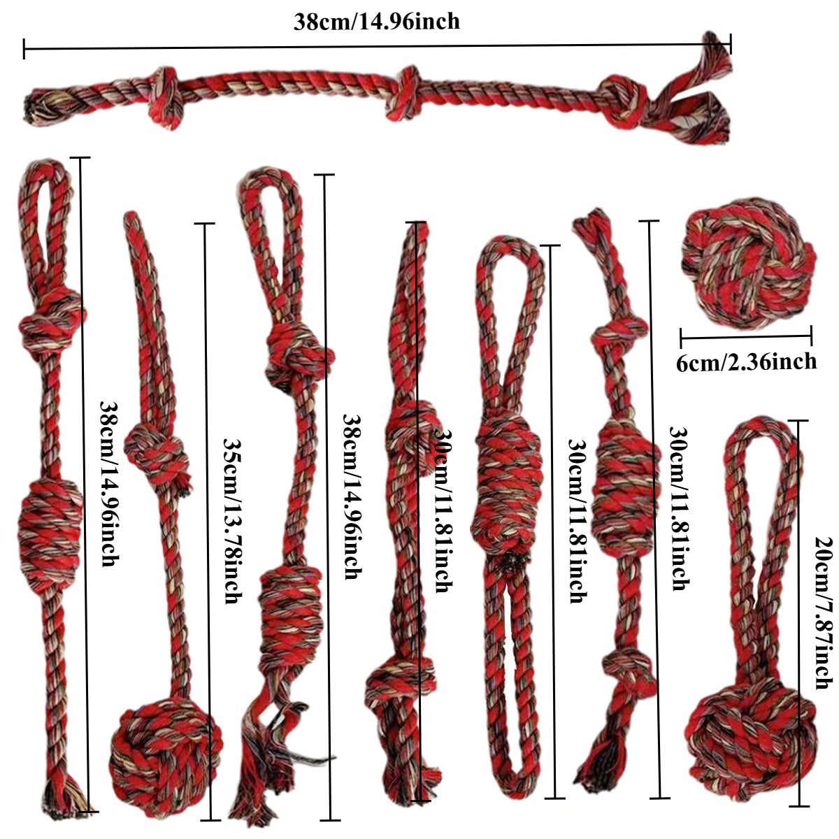 Ensemble de 9 jouets à mâcher résistants pour chiens avec nœuds tressés, cordes extra longues, idéal pour entrainer les chiens qui mâchent agressivement, interactif, rouge & noir