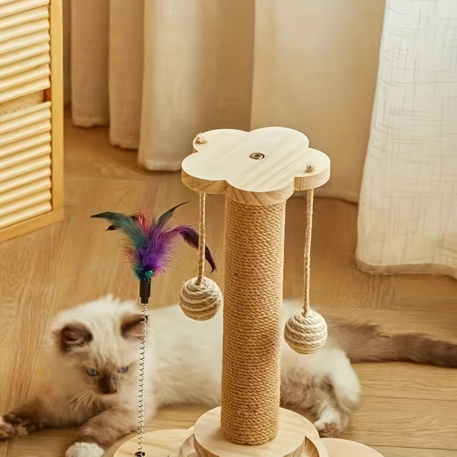 Combinaison griffoir et jouet pour chat avec un design rotatif à 360°, comprenant un griffoir, un poteau à double usage, des balles et des plumes artificielles, les couleurs peuvent varier