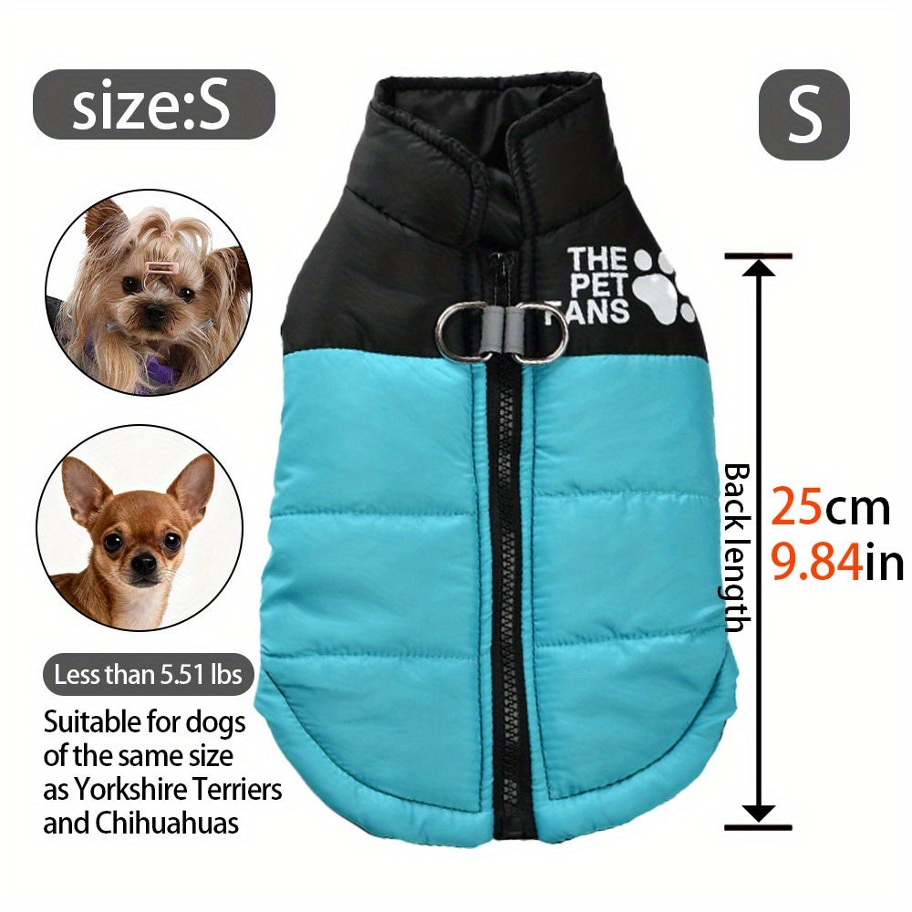 Manteau chaud pour chien avec 2 anneaux intégrés pour pouvoir partir en balade en toute sécurité, fermeture éclair pour un enfilage facile, diverses couleurs