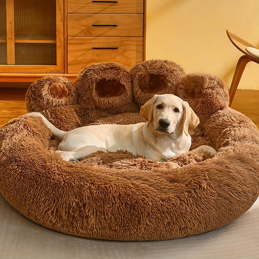 Cozy Paw-Shaped Pet Bed – Plush Faux Fur, Calming Donut Design, Machine Washable – Ideal for Dogs & Cats
