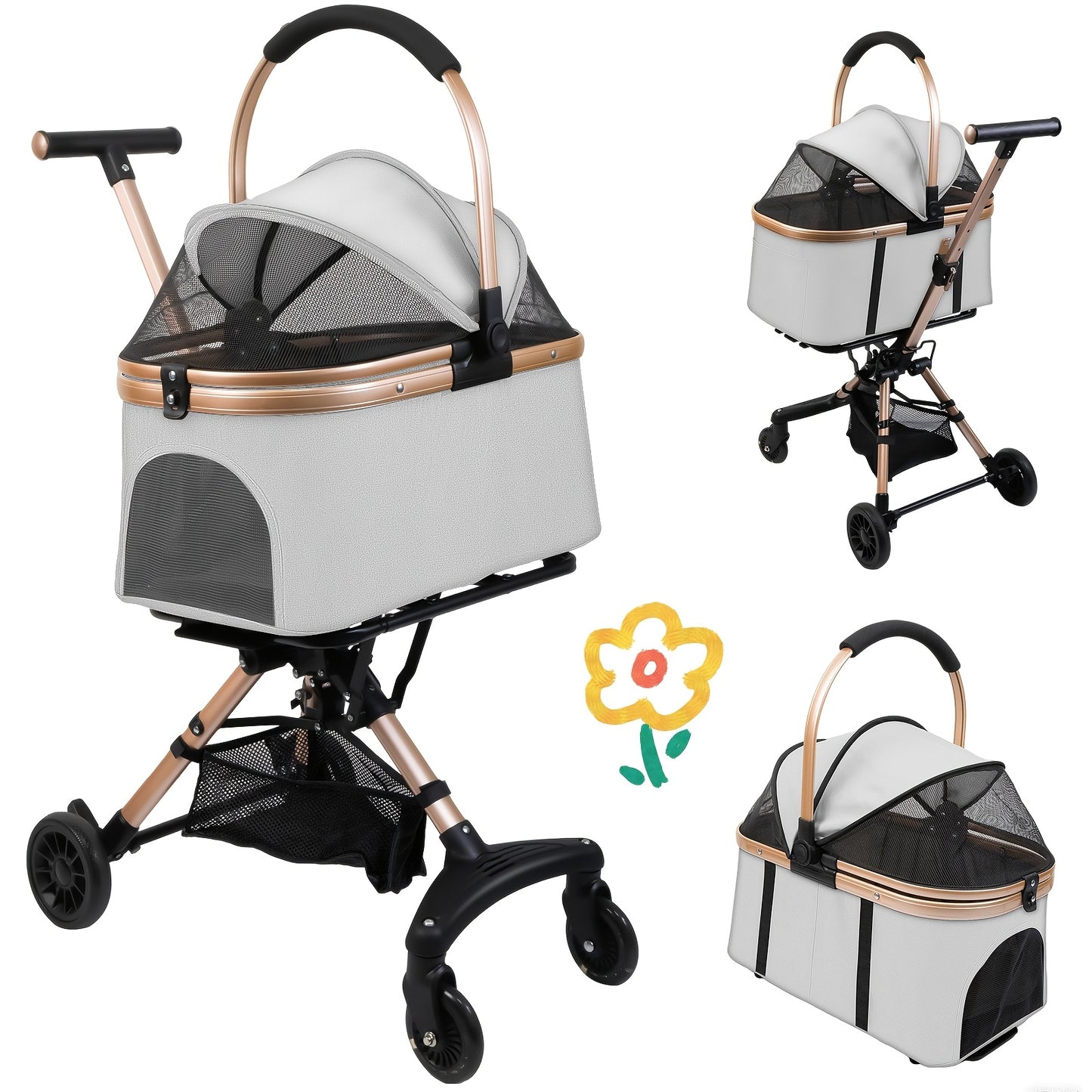 Poussette pliable et confortable, conception entièrement fermée et respirante. Elle est dotée d'un système de pliage à un seul bouton, de roues pivotantes à 360° et de roues directionnelles pour un double plaisir. Diverses couleurs