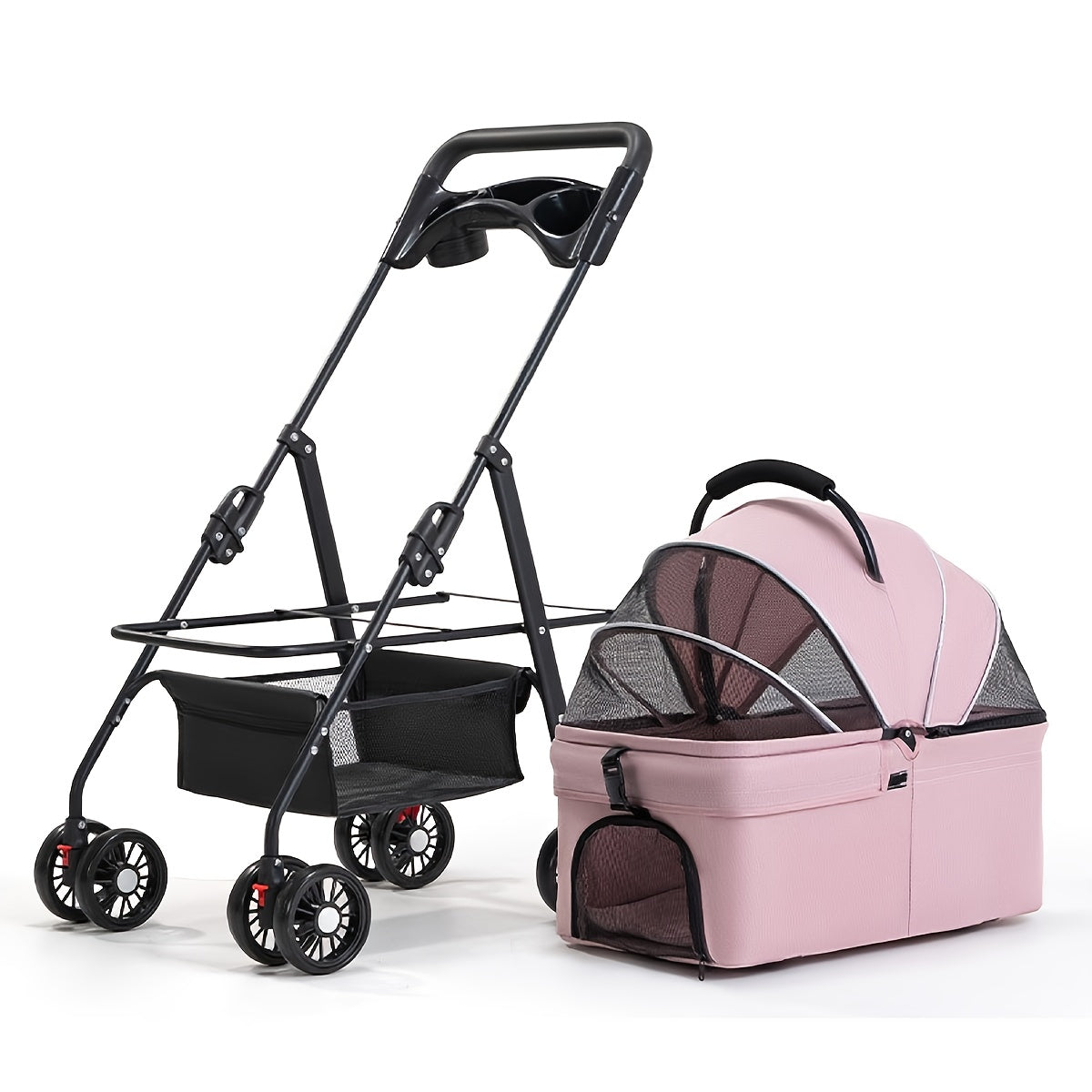 Poussette pour chien et chat 2 en 1, multifonctionnelle avec 4 doubles roues, tout terrain, panier amovible, pliable et compacte, en maille respirante, diverses couleurs