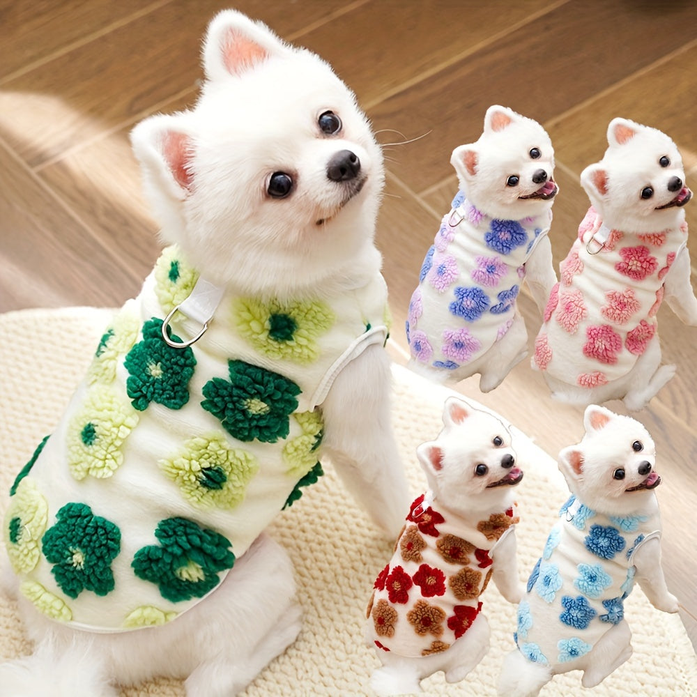 Pull en polaire pour chien, léger et bien chaud, motif de fleur colorées, anneau intégrer pour attacher une laisse, diverses couleurs