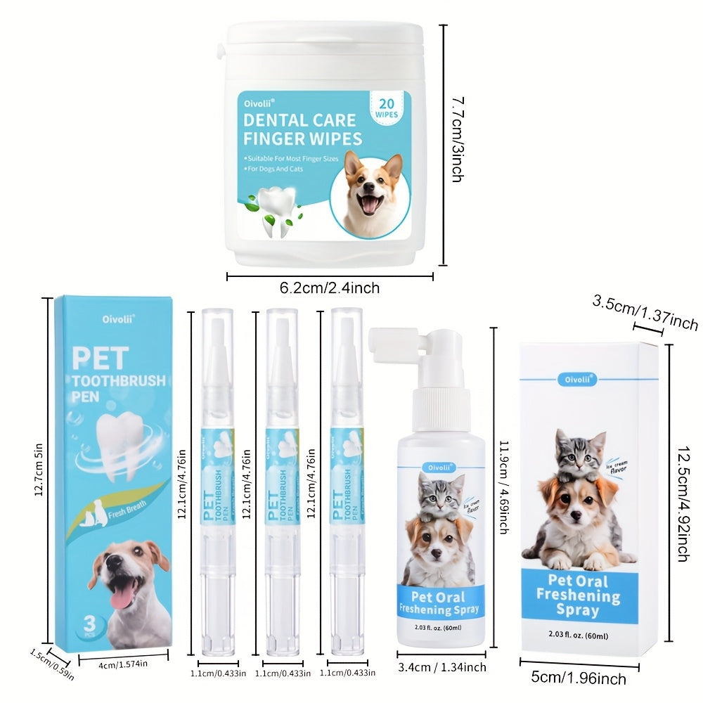 Ensemble de soins bucco-dentaires pour chiens et chats, 5 pièces comprenant un spray dentaire 2 en 1, un stylo de nettoyage dentaire, 20 lingettes dentaires, rafraîchit la bouche de votre animal