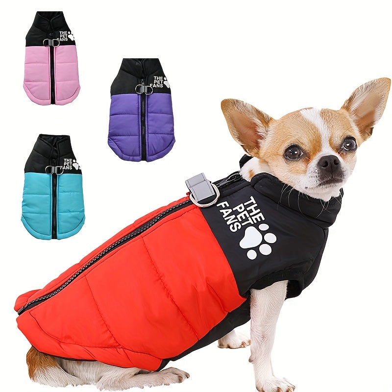 Manteau chaud pour chien avec 2 anneaux intégrés pour pouvoir partir en balade en toute sécurité, fermeture éclair pour un enfilage facile, diverses couleurs