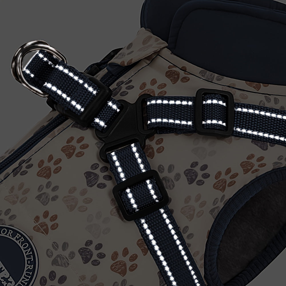 Manteau pour chien, doublé d'un polaire pour garder votre compagnon au chaud, harnais intégré ajustable, bandes réfléchissantes, motif de pattes, diverses couleurs