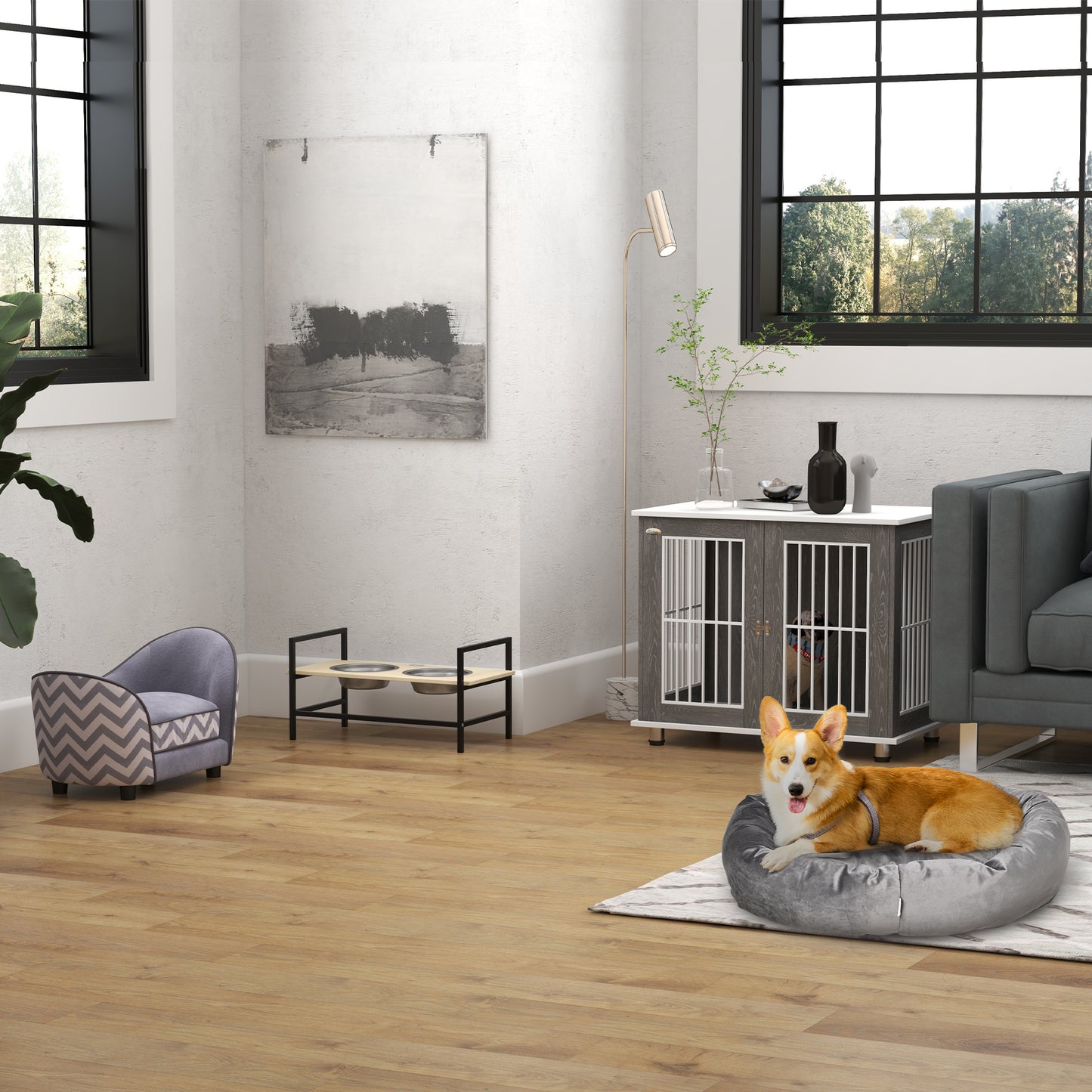 Canapé pour chien et chat, rembourré en mousse, armature en bois résistante, design moderne, gris et blanc