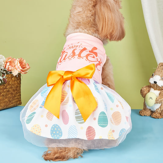 Robe pour chien à motif œuf de Pâques avec nœud papillon - 100 % polyester, lavable en machine - Saison printemps/été