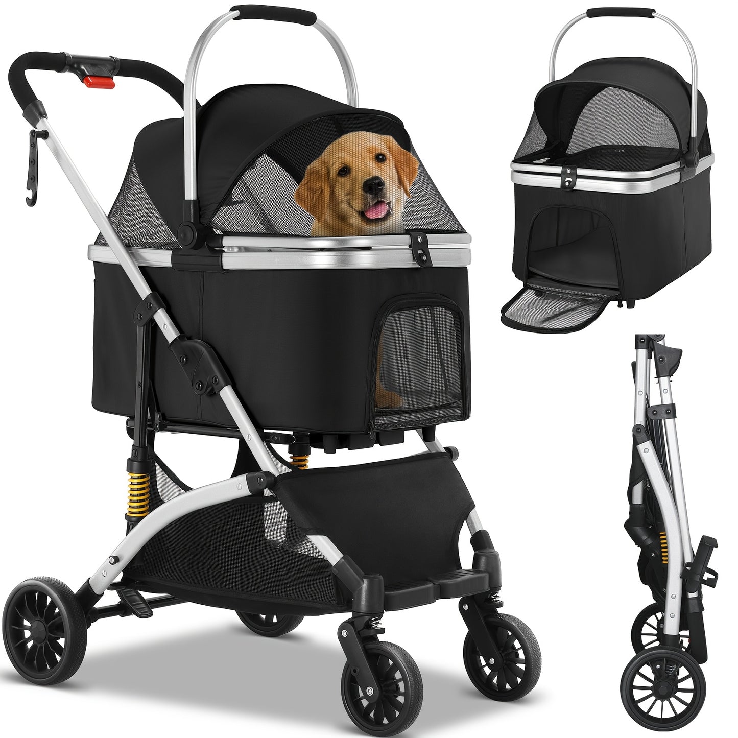 Poussette pour chien et chat, conception pliable, poussette 3 en 1 avec panier couvert, fenêtre en filet, porte-gobelet et roues en caoutchouc durables à 360°, idéale pour les longues promenades en extérieur, diverses couleurs