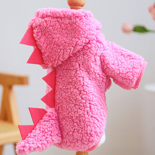 Sweat à capuche épais doublé en peluche rose en forme de petit dinosaure, pour chiens de petites tailles