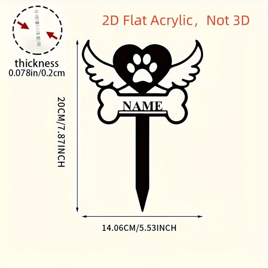Piquet de jardin commémoratif en métal personnalisé pour animaux de compagnie, motifs représentants une empreinte de patte dans un cœur, des ailes d'anges et un os dans lequel on peut graver le NOM de votre compagnon disparu