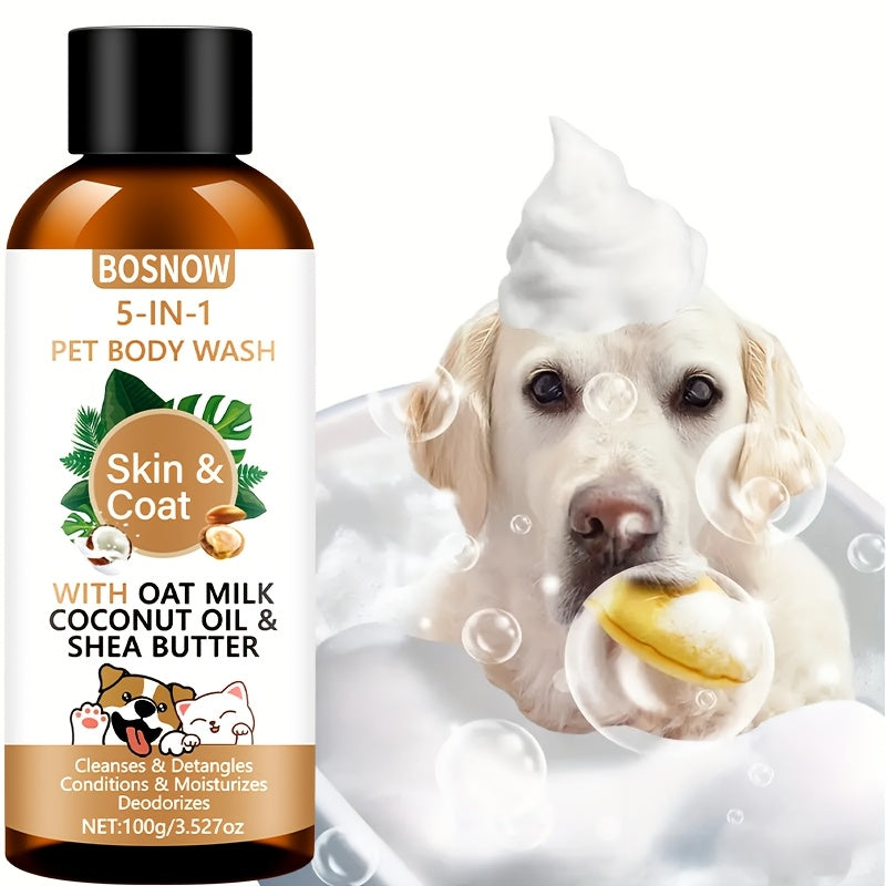 Gel douche 5 en 1 pour animaux, nettoyage doux à l'avoine, à l'huile de coco et au beurre de karité, parfum rafraîchissant, soin des poils, pelage lisse et brillant, facile à peigner, douceur longue durée - Convient à tous les animaux, stade adulte