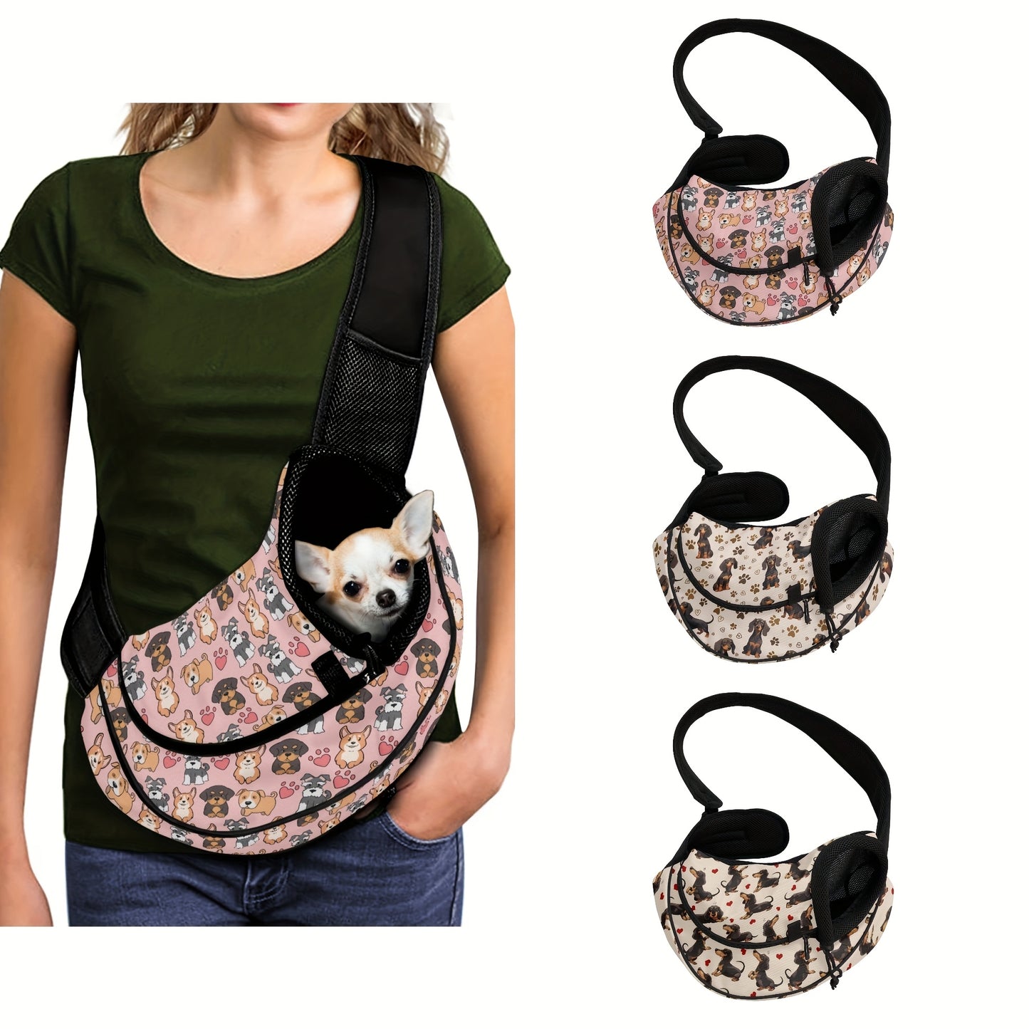 Sac en bandoulière pour transport de chiot et de petit chien, divers motif imprimés