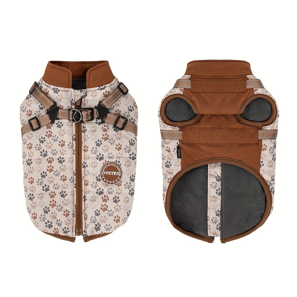 Manteau pour chien, doublé d'un polaire pour garder votre compagnon au chaud, harnais intégré ajustable, bandes réfléchissantes, motif de pattes, diverses couleurs