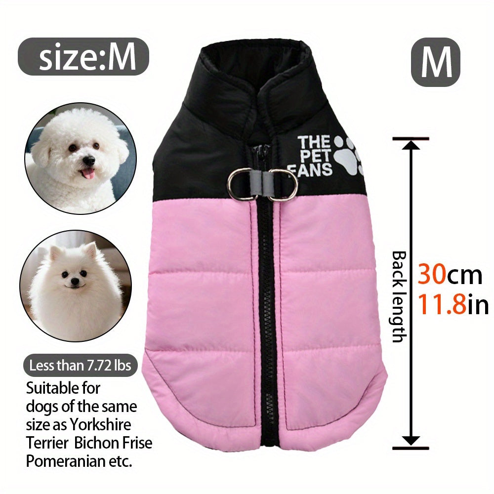 Manteau chaud pour chien avec 2 anneaux intégrés pour pouvoir partir en balade en toute sécurité, fermeture éclair pour un enfilage facile, diverses couleurs