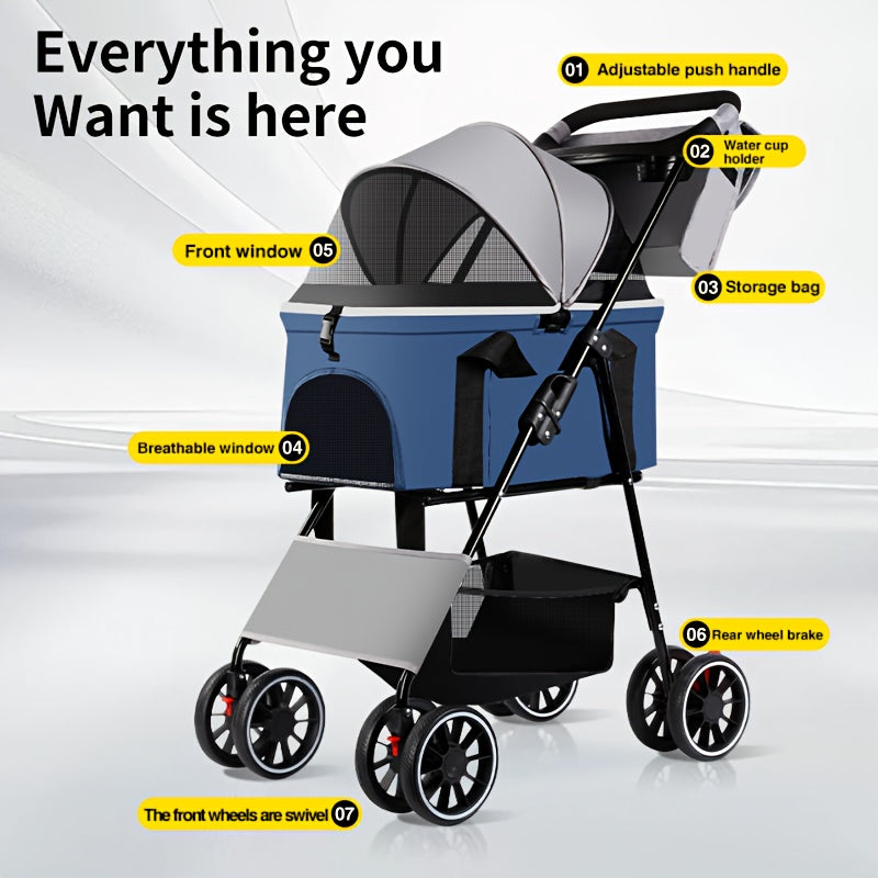 Poussette pour chien et chat 3 en 1, multifonctionnelle avec 4 doubles roues, tout terrain, panier amovible, pliable et compacte, en maille respirante, diverses couleurs