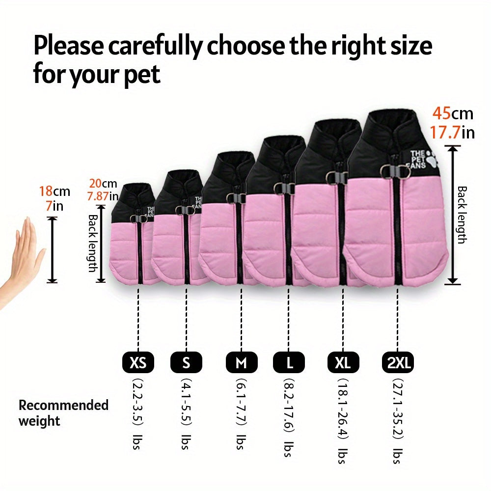 Manteau chaud pour chien avec 2 anneaux intégrés pour pouvoir partir en balade en toute sécurité, fermeture éclair pour un enfilage facile, diverses couleurs