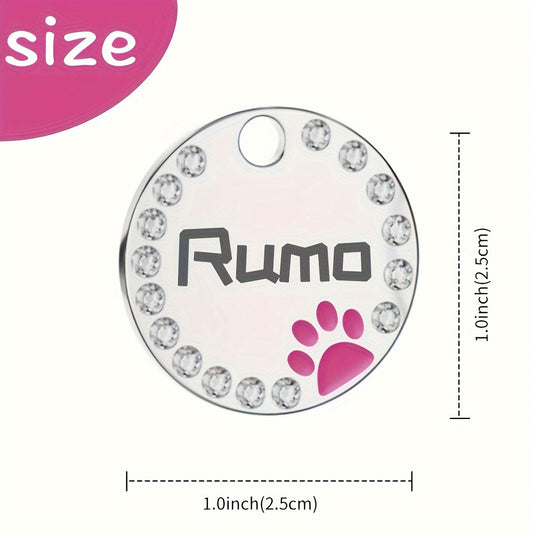 Médaille d'identification ronde personnalisée pour chien, avec diamants et motif de patte disponible en diverses couleurs