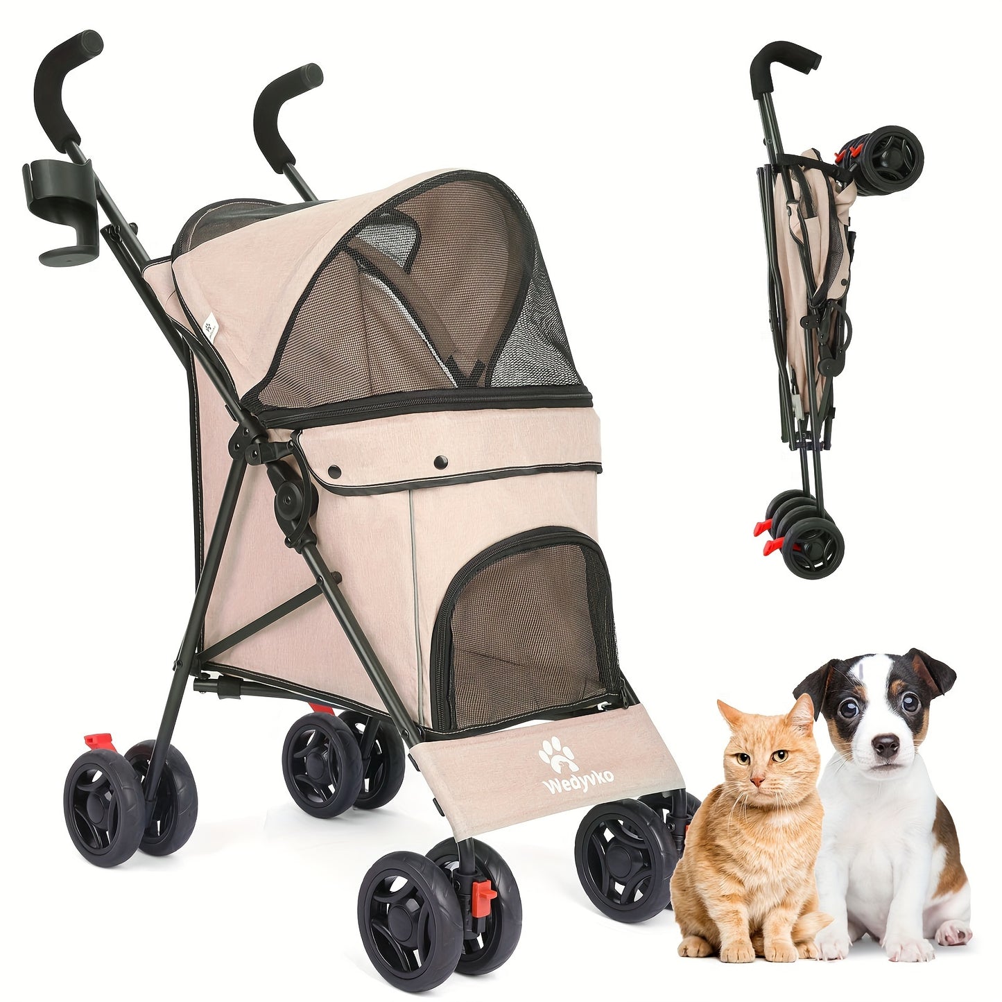 Poussette pour chien et chat 2 en 1, multifonctionnelle avec 4 doubles roues, tout terrain, panier amovible, pliable et compacte, en maille respirante, diverses couleurs