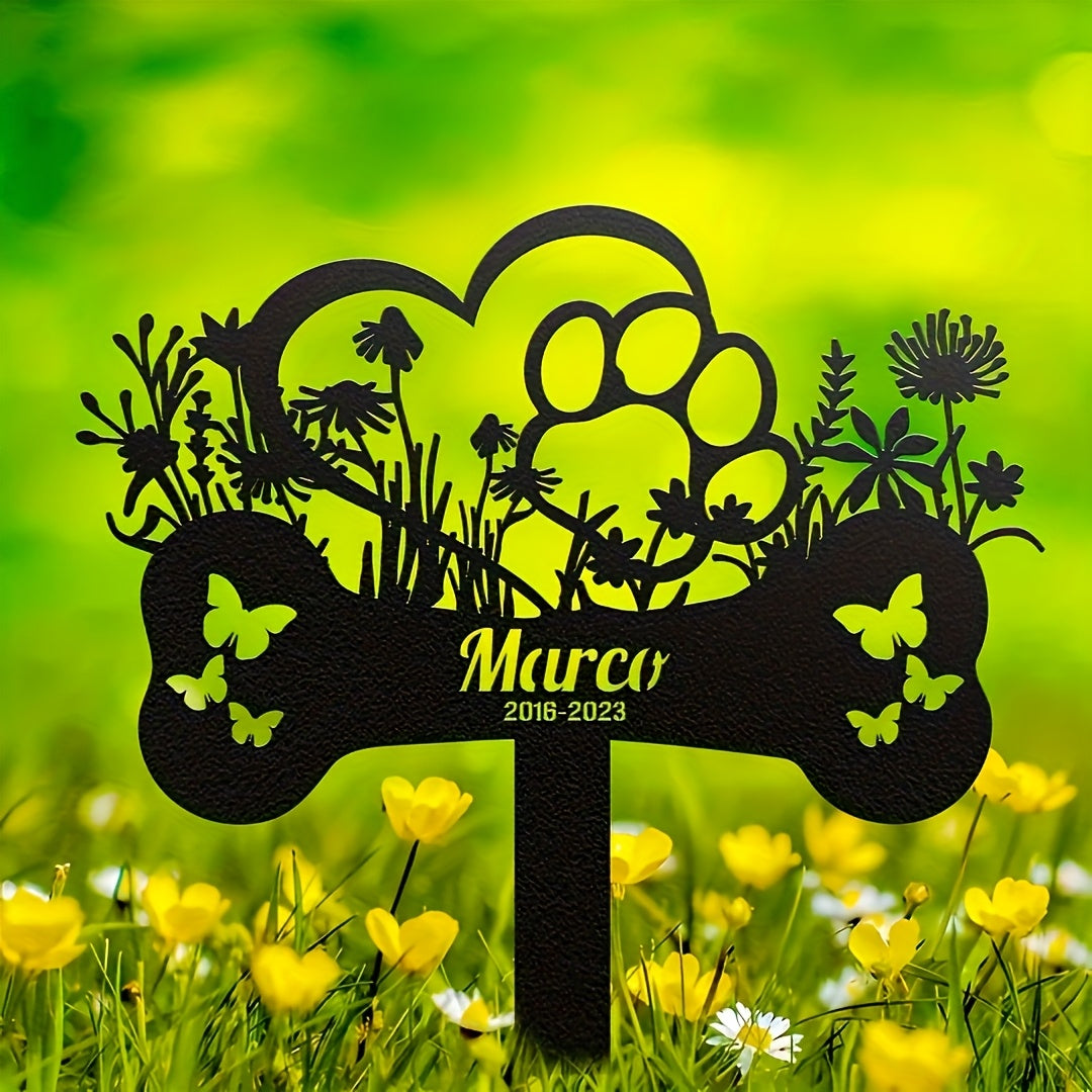 Piquet commémoratif personnalisé sur mesure en forme d'os pour chien avec papillons creux et fleurs, insert métallique à enfoncer dans le sol, nom et dates du chiens