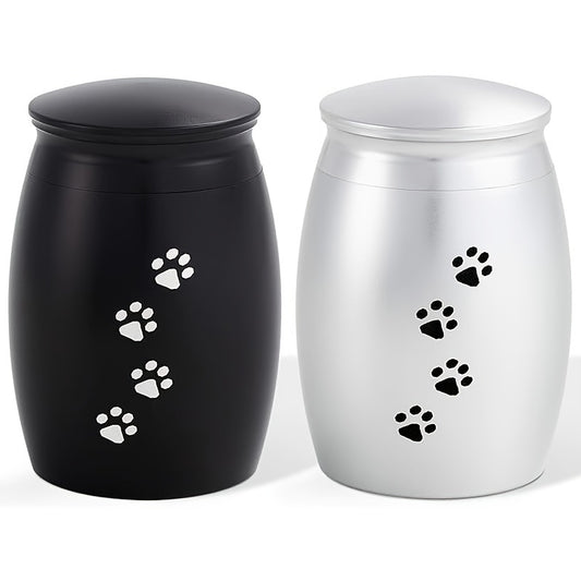 Paire d'urnes funéraires miniatures noires et argentées pour animaux de compagnie - Contenants en aluminium pour les cendres et les poils de chiens ou de chats, ornées d'une empreinte de patte