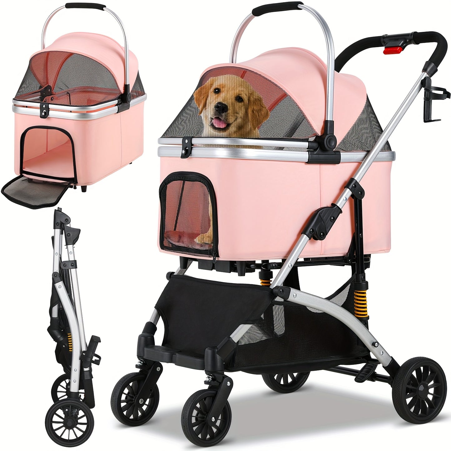 Poussette pour chien et chat, conception pliable, poussette 3 en 1 avec panier couvert, fenêtre en filet, porte-gobelet et roues en caoutchouc durables à 360°, idéale pour les longues promenades en extérieur, diverses couleurs