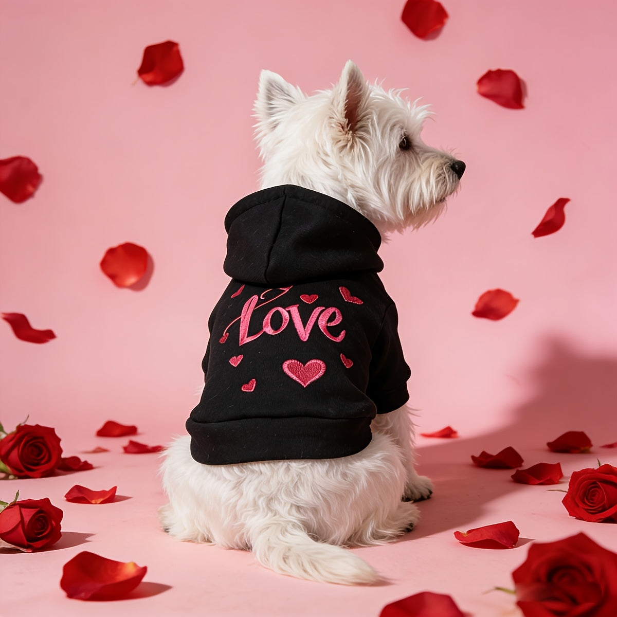 Sweat à capuche noir pour chien avec motif de petits cœurs rose et inscription LOVE, anneau intégré pour partir en balade, bien chaud