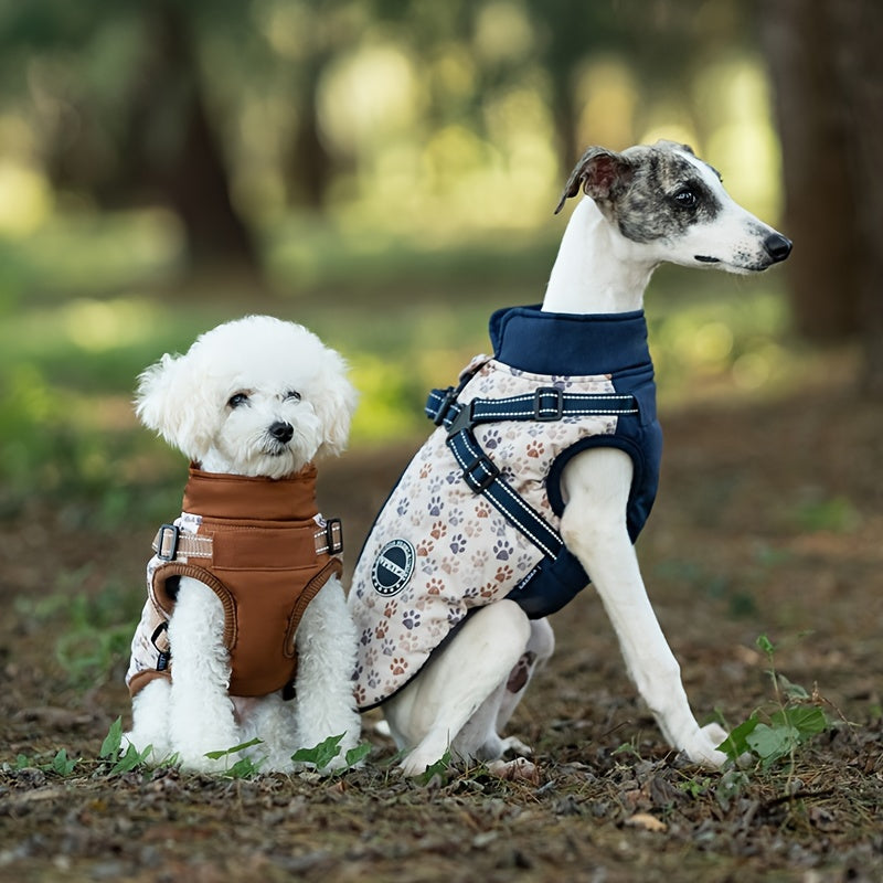 Manteau pour chien, doublé d'un polaire pour garder votre compagnon au chaud, harnais intégré ajustable, bandes réfléchissantes, motif de pattes, diverses couleurs